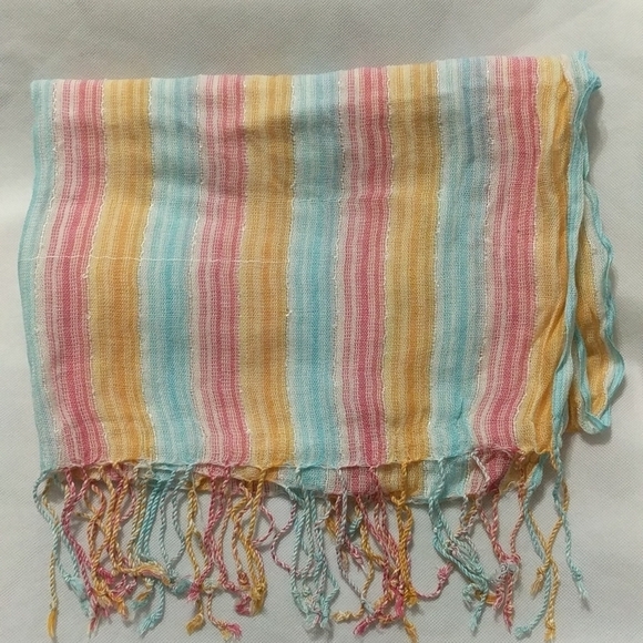 Pink, Yellow, Blue Stripe Woven Scarf with Fringe - Picture 1 of 4